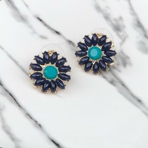Navy, Turquoise, and Gold Round Flower Earrings